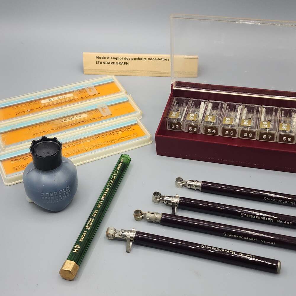 Standardgraph Set, 4 Holders, 8 Nibs, 3 Rulers with Ink & Castell Lead, Vintage